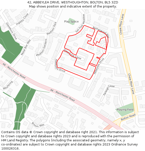 42, ABBEYLEA DRIVE, WESTHOUGHTON, BOLTON, BL5 3ZD: Location map and indicative extent of plot
