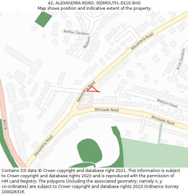 42, ALEXANDRIA ROAD, SIDMOUTH, EX10 9HG: Location map and indicative extent of plot