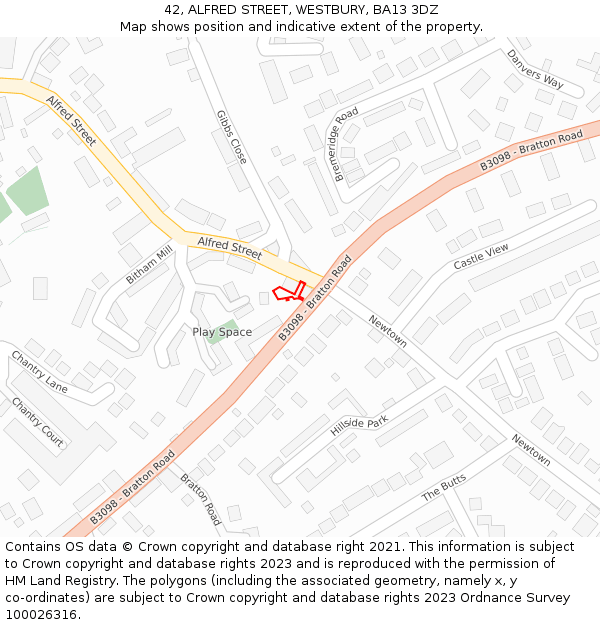 42, ALFRED STREET, WESTBURY, BA13 3DZ: Location map and indicative extent of plot