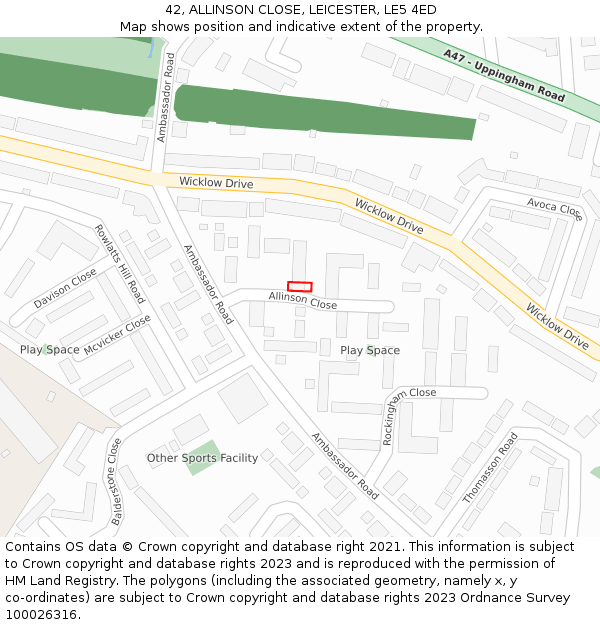 42, ALLINSON CLOSE, LEICESTER, LE5 4ED: Location map and indicative extent of plot