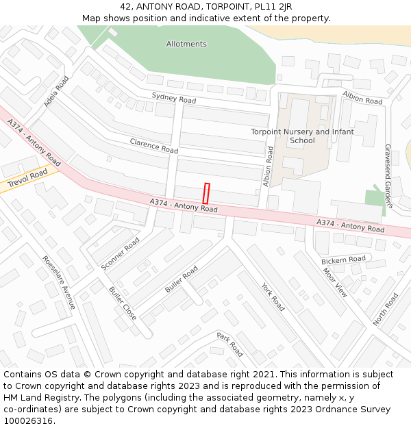 42, ANTONY ROAD, TORPOINT, PL11 2JR: Location map and indicative extent of plot