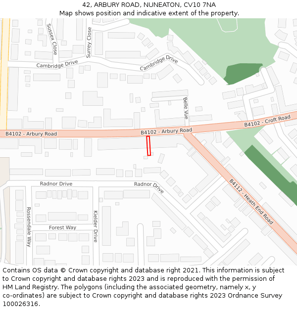 42, ARBURY ROAD, NUNEATON, CV10 7NA: Location map and indicative extent of plot