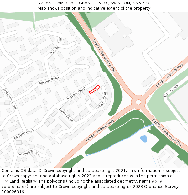 42, ASCHAM ROAD, GRANGE PARK, SWINDON, SN5 6BG: Location map and indicative extent of plot