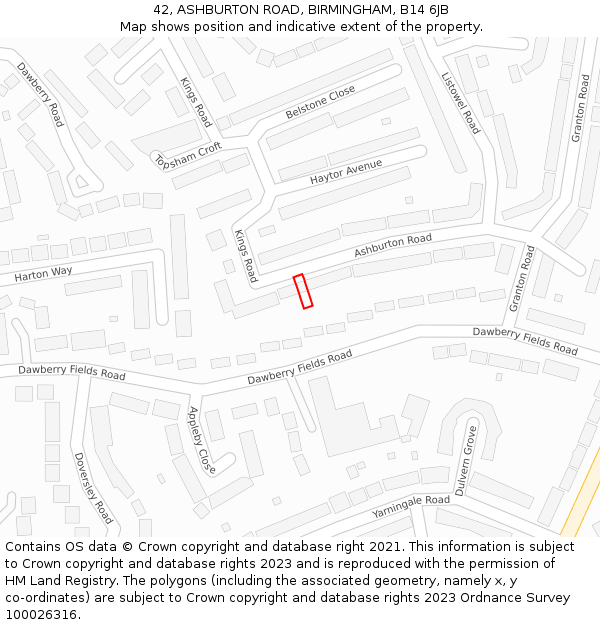 42, ASHBURTON ROAD, BIRMINGHAM, B14 6JB: Location map and indicative extent of plot