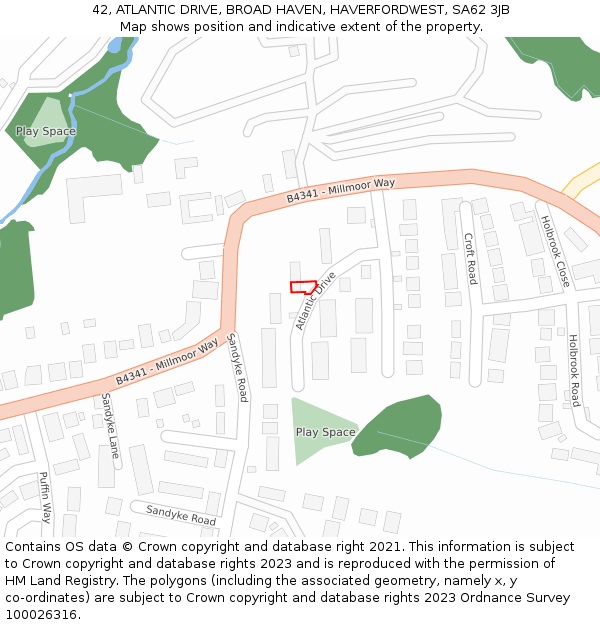 42, ATLANTIC DRIVE, BROAD HAVEN, HAVERFORDWEST, SA62 3JB: Location map and indicative extent of plot
