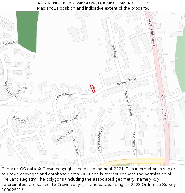 42, AVENUE ROAD, WINSLOW, BUCKINGHAM, MK18 3DB: Location map and indicative extent of plot