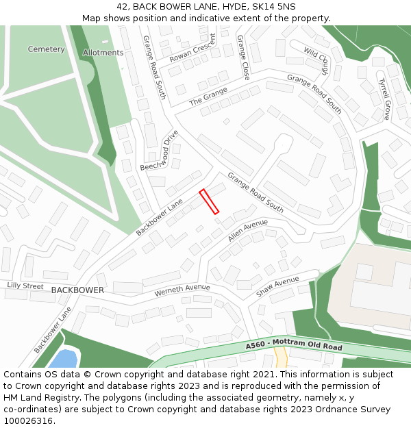 42, BACK BOWER LANE, HYDE, SK14 5NS: Location map and indicative extent of plot