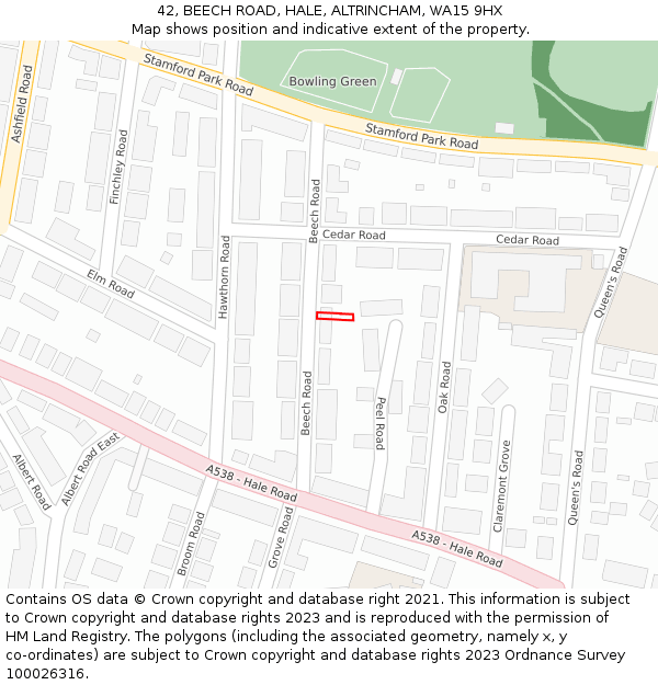 42, BEECH ROAD, HALE, ALTRINCHAM, WA15 9HX: Location map and indicative extent of plot
