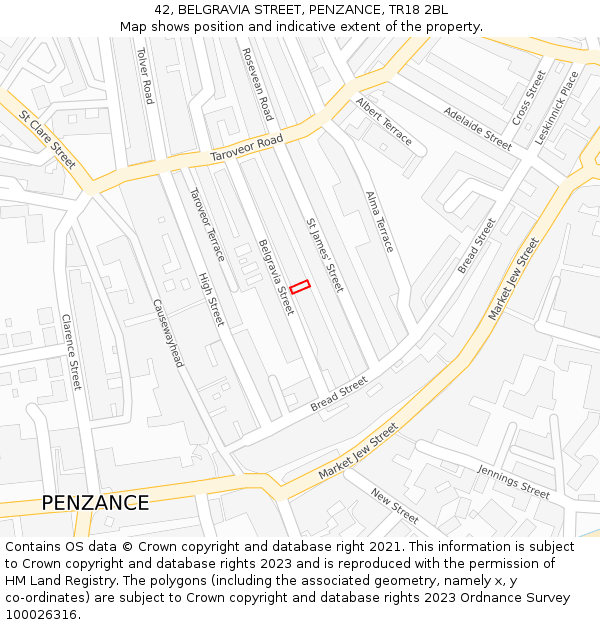 42, BELGRAVIA STREET, PENZANCE, TR18 2BL: Location map and indicative extent of plot