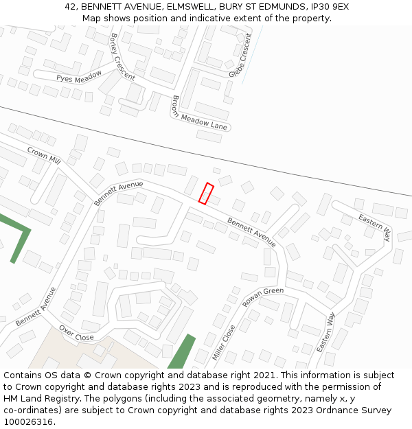 42, BENNETT AVENUE, ELMSWELL, BURY ST EDMUNDS, IP30 9EX: Location map and indicative extent of plot