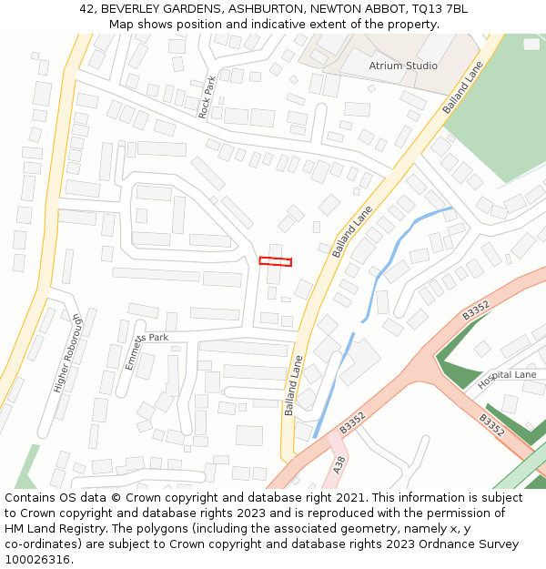 42, BEVERLEY GARDENS, ASHBURTON, NEWTON ABBOT, TQ13 7BL: Location map and indicative extent of plot