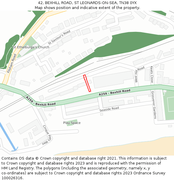 42, BEXHILL ROAD, ST LEONARDS-ON-SEA, TN38 0YX: Location map and indicative extent of plot