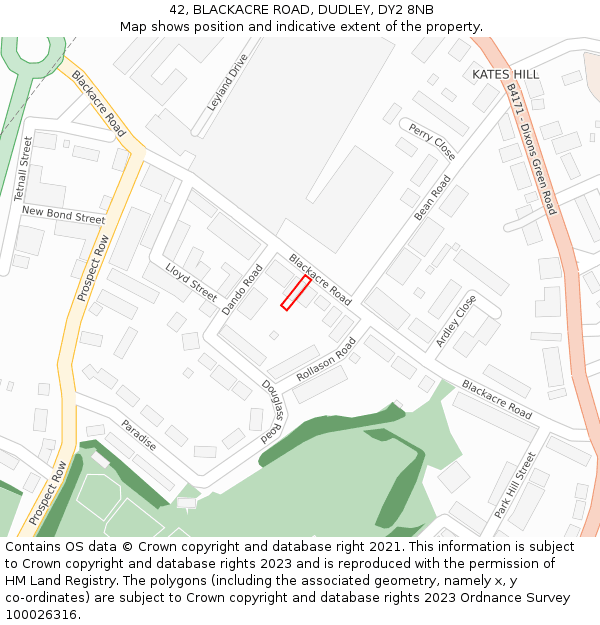 42, BLACKACRE ROAD, DUDLEY, DY2 8NB: Location map and indicative extent of plot