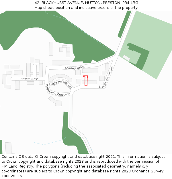 42, BLACKHURST AVENUE, HUTTON, PRESTON, PR4 4BG: Location map and indicative extent of plot
