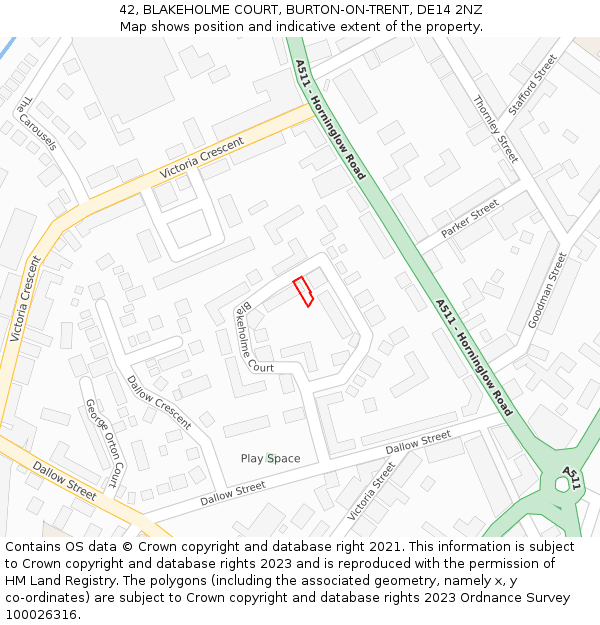 42, BLAKEHOLME COURT, BURTON-ON-TRENT, DE14 2NZ: Location map and indicative extent of plot