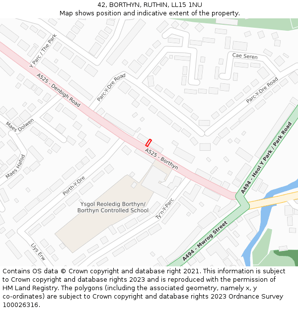 42, BORTHYN, RUTHIN, LL15 1NU: Location map and indicative extent of plot