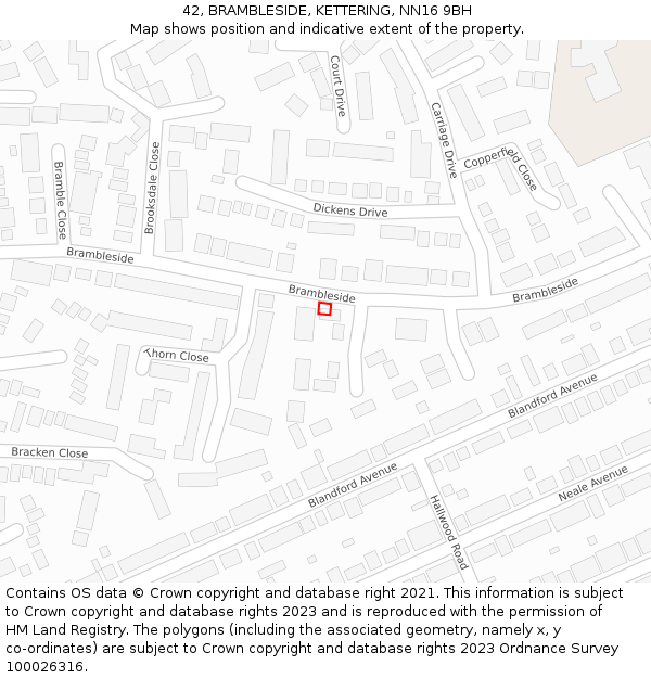 42, BRAMBLESIDE, KETTERING, NN16 9BH: Location map and indicative extent of plot