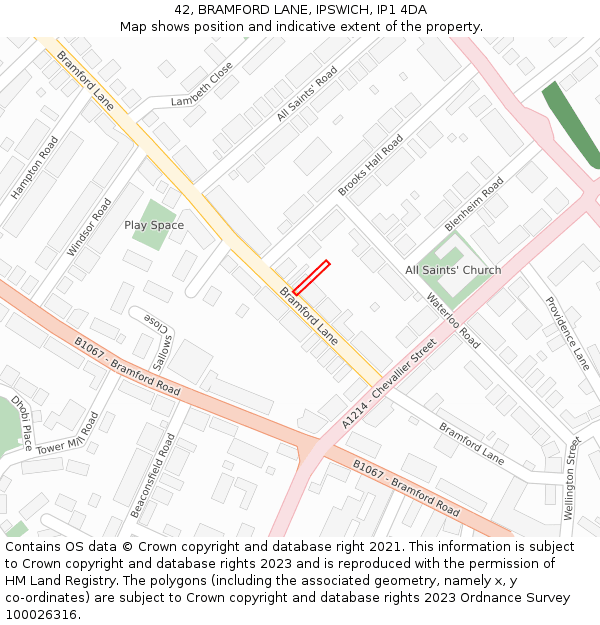 42, BRAMFORD LANE, IPSWICH, IP1 4DA: Location map and indicative extent of plot