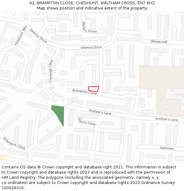 42, BRAMPTON CLOSE, CHESHUNT, WALTHAM CROSS, EN7 6HZ: Location map and indicative extent of plot