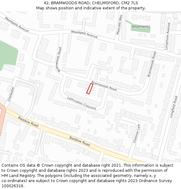 42, BRAMWOODS ROAD, CHELMSFORD, CM2 7LS: Location map and indicative extent of plot