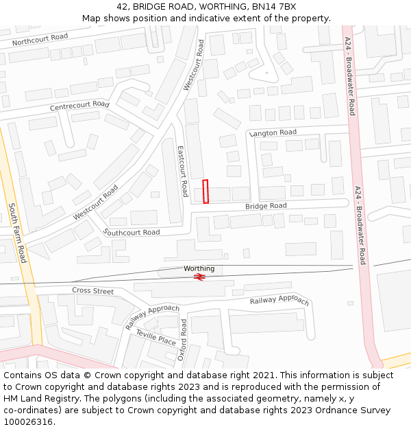 42, BRIDGE ROAD, WORTHING, BN14 7BX: Location map and indicative extent of plot