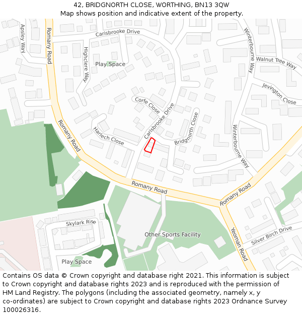 42, BRIDGNORTH CLOSE, WORTHING, BN13 3QW: Location map and indicative extent of plot