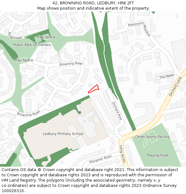 42, BROWNING ROAD, LEDBURY, HR8 2FT: Location map and indicative extent of plot