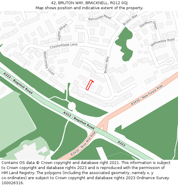 42, BRUTON WAY, BRACKNELL, RG12 0GJ: Location map and indicative extent of plot