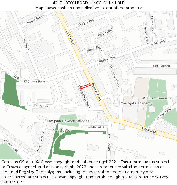 42, BURTON ROAD, LINCOLN, LN1 3LB: Location map and indicative extent of plot