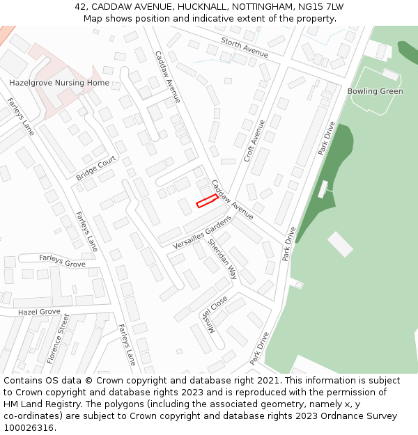 42, CADDAW AVENUE, HUCKNALL, NOTTINGHAM, NG15 7LW: Location map and indicative extent of plot