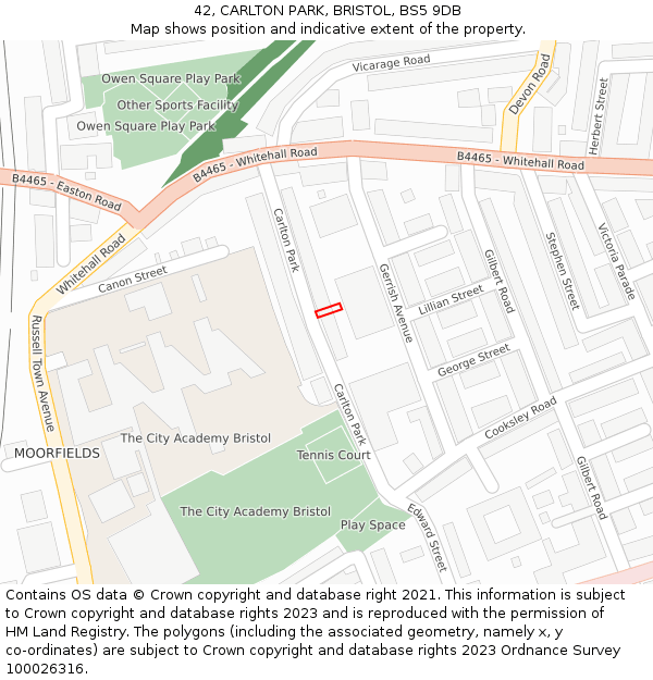 42, CARLTON PARK, BRISTOL, BS5 9DB: Location map and indicative extent of plot