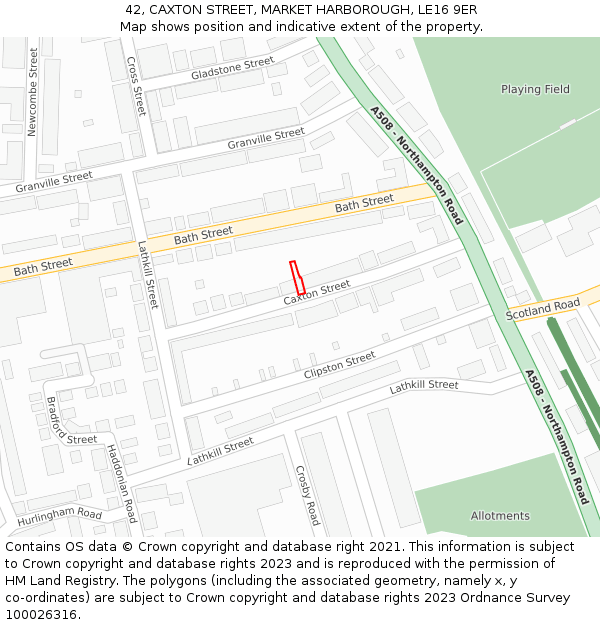42, CAXTON STREET, MARKET HARBOROUGH, LE16 9ER: Location map and indicative extent of plot