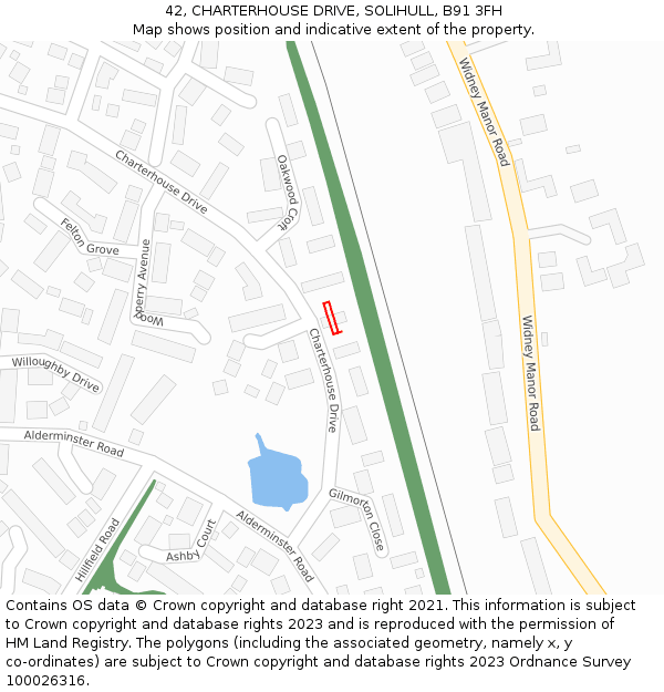 42, CHARTERHOUSE DRIVE, SOLIHULL, B91 3FH: Location map and indicative extent of plot