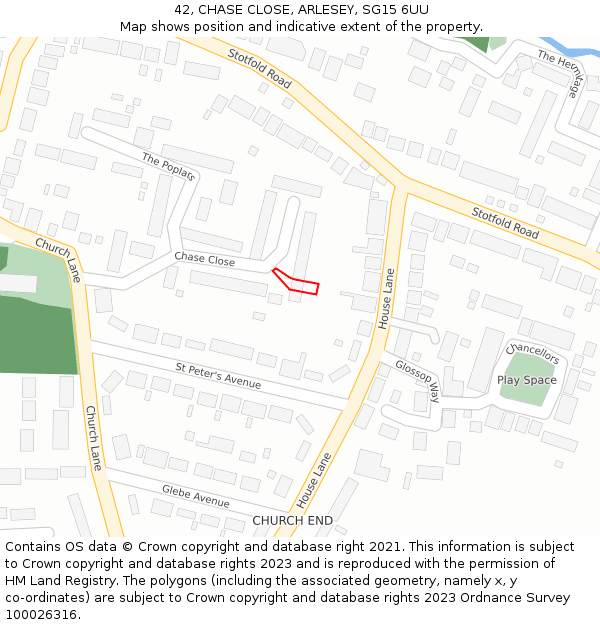 42, CHASE CLOSE, ARLESEY, SG15 6UU: Location map and indicative extent of plot