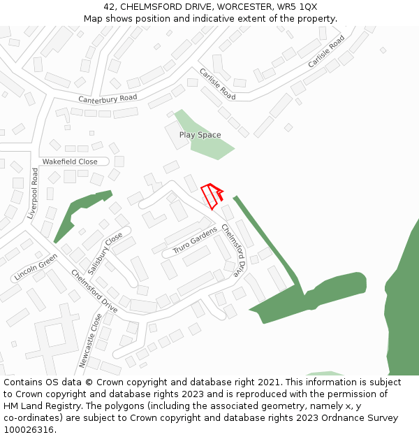 42, CHELMSFORD DRIVE, WORCESTER, WR5 1QX: Location map and indicative extent of plot