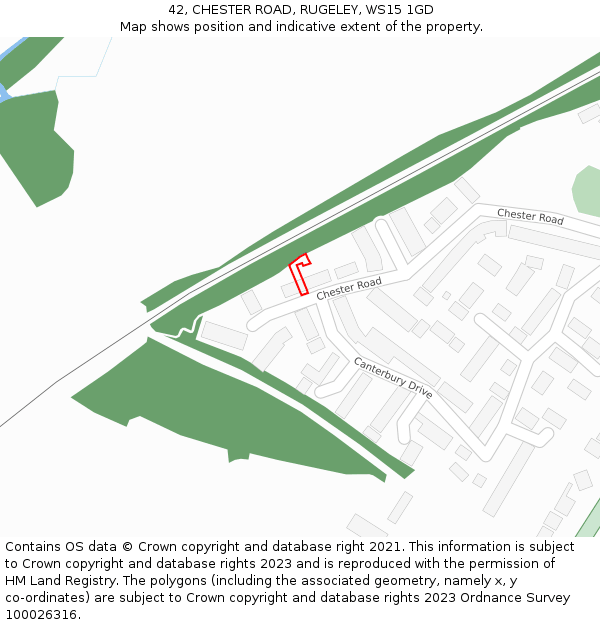 42, CHESTER ROAD, RUGELEY, WS15 1GD: Location map and indicative extent of plot