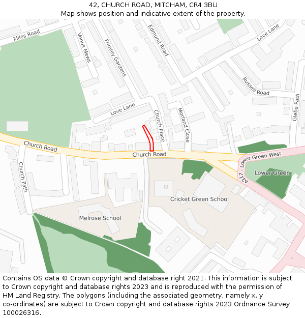 42, CHURCH ROAD, MITCHAM, CR4 3BU: Location map and indicative extent of plot