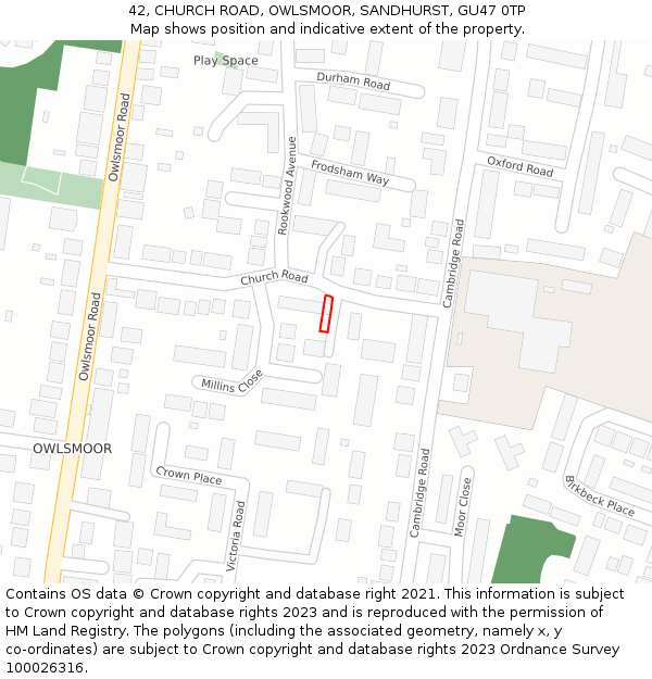 42, CHURCH ROAD, OWLSMOOR, SANDHURST, GU47 0TP: Location map and indicative extent of plot