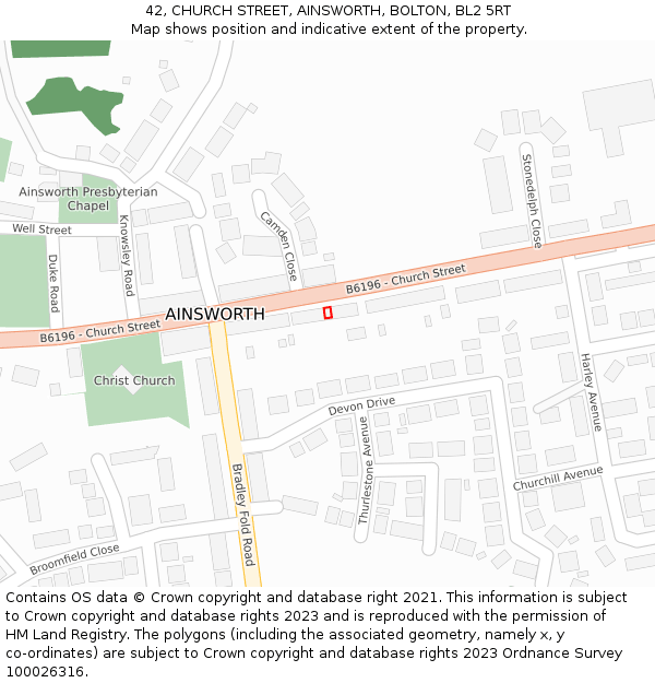 42, CHURCH STREET, AINSWORTH, BOLTON, BL2 5RT: Location map and indicative extent of plot