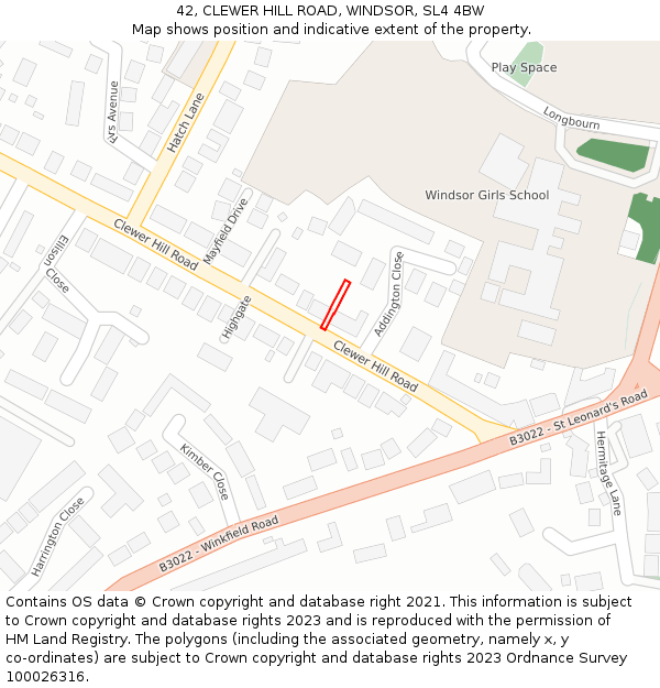 42, CLEWER HILL ROAD, WINDSOR, SL4 4BW: Location map and indicative extent of plot