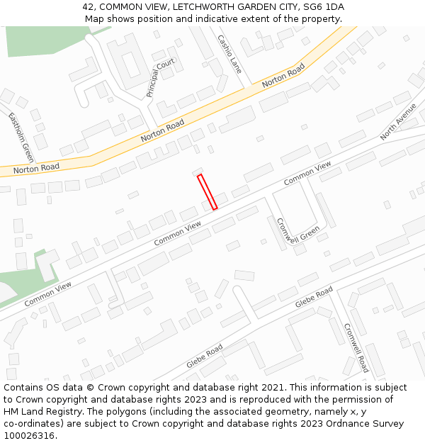 42, COMMON VIEW, LETCHWORTH GARDEN CITY, SG6 1DA: Location map and indicative extent of plot
