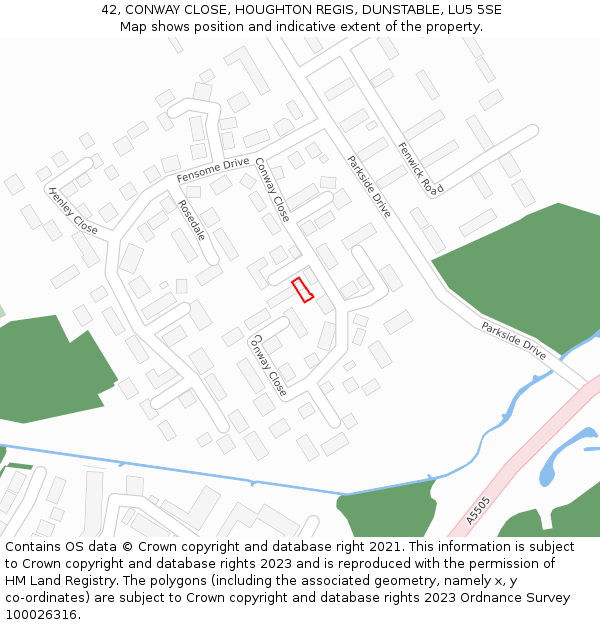 42, CONWAY CLOSE, HOUGHTON REGIS, DUNSTABLE, LU5 5SE: Location map and indicative extent of plot