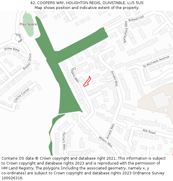 42, COOPERS WAY, HOUGHTON REGIS, DUNSTABLE, LU5 5US: Location map and indicative extent of plot