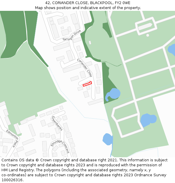 42, CORIANDER CLOSE, BLACKPOOL, FY2 0WE: Location map and indicative extent of plot