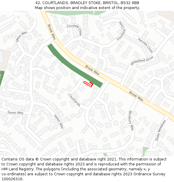 42, COURTLANDS, BRADLEY STOKE, BRISTOL, BS32 9BB: Location map and indicative extent of plot