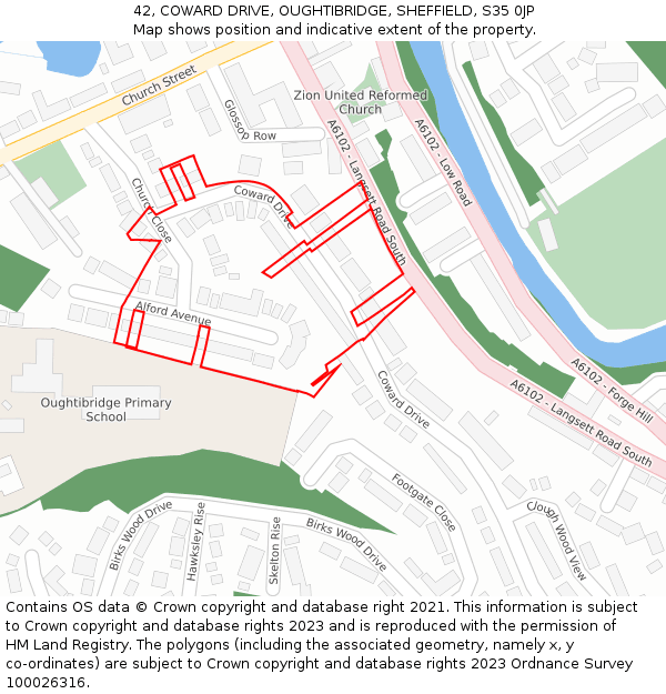 42, COWARD DRIVE, OUGHTIBRIDGE, SHEFFIELD, S35 0JP: Location map and indicative extent of plot