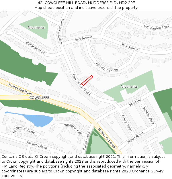 42, COWCLIFFE HILL ROAD, HUDDERSFIELD, HD2 2PE: Location map and indicative extent of plot