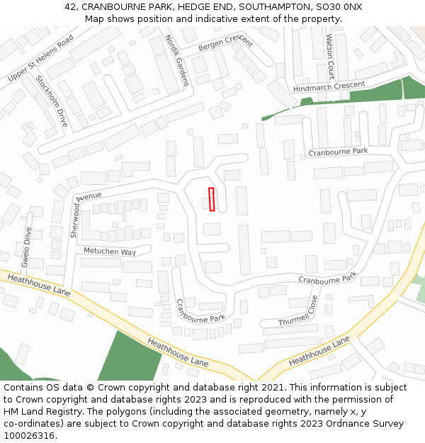 42, CRANBOURNE PARK, HEDGE END, SOUTHAMPTON, SO30 0NX: Location map and indicative extent of plot