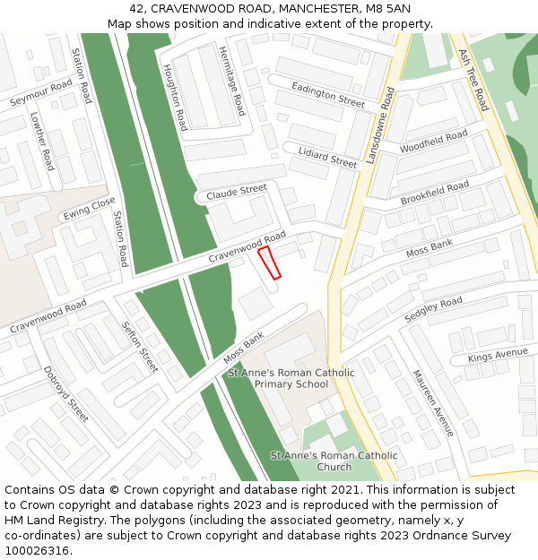42, CRAVENWOOD ROAD, MANCHESTER, M8 5AN: Location map and indicative extent of plot
