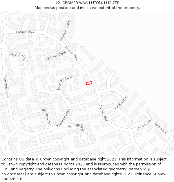 42, CROMER WAY, LUTON, LU2 7EE: Location map and indicative extent of plot